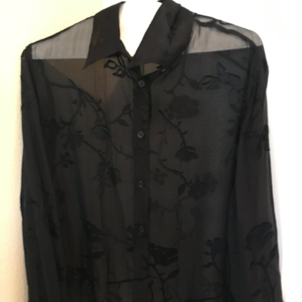 Sheer black silk blend blouse with floral design, sz med